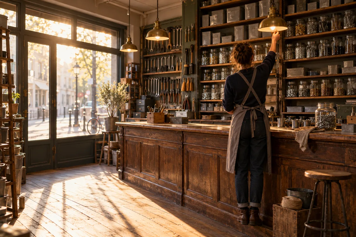 Boutique de quincaillerie de quartier au petit matin, personne de dos en tablier gris près du comptoir