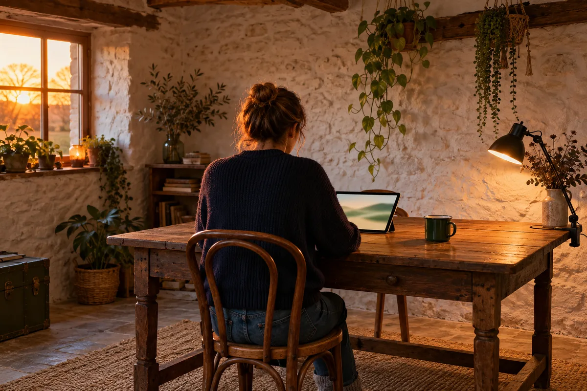 Vue de dos d&rsquo;une personne en pull bleu marine devant une tablette aux aplats flous, dans un bureau calme en fin de journée