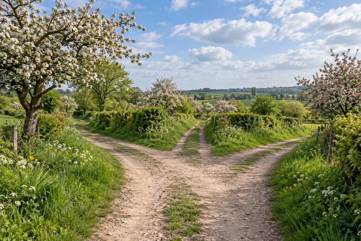 Chemin de terre qui se divise en trois au milieu d&rsquo;un bocage normand aux pommiers en fleurs