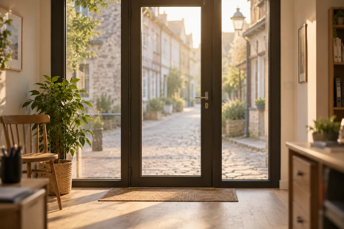 Porte vitrée d’un petit bureau en rez-de-chaussée ouvrant sur une rue pavée