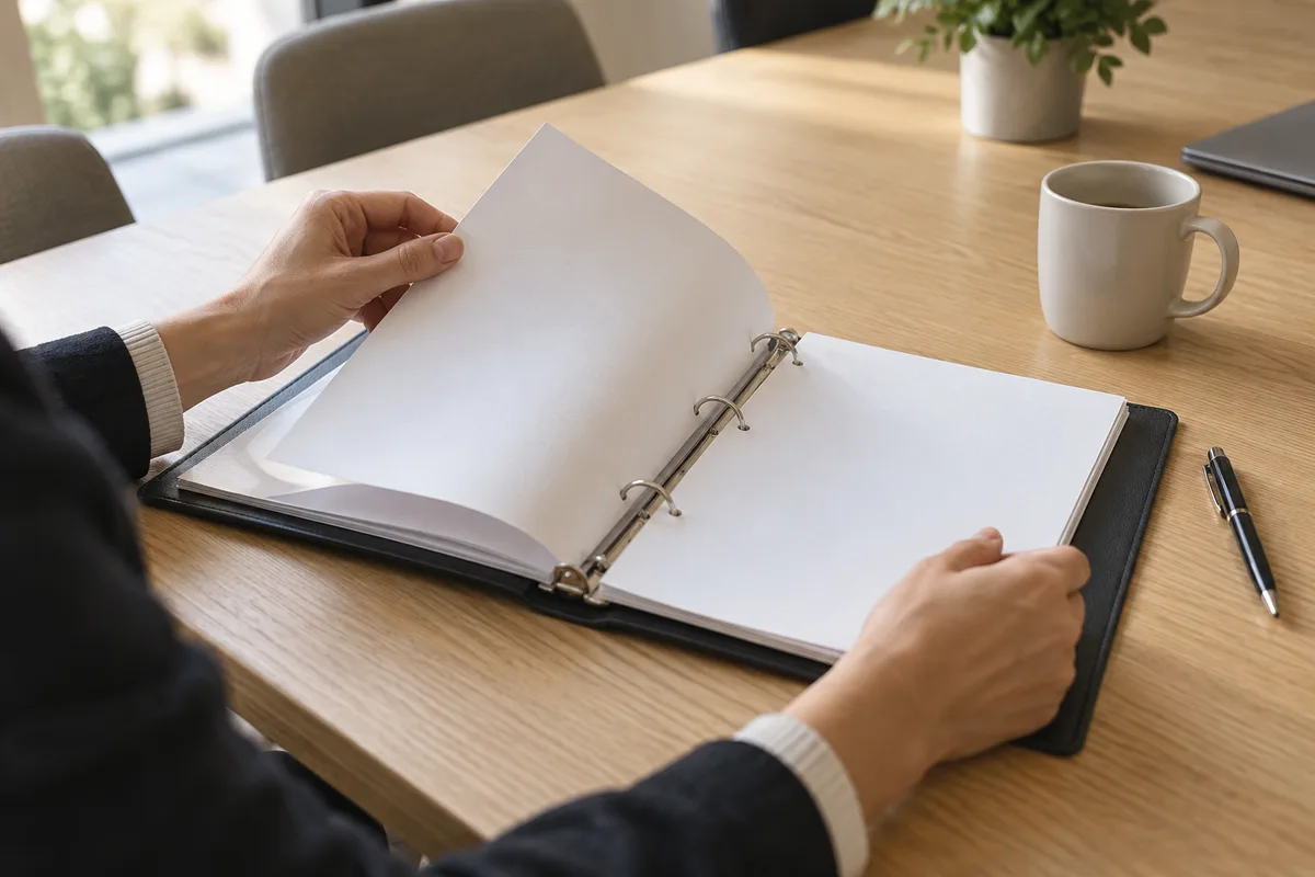 Mains feuilletant un classeur de documents de projet sur une table de réunion