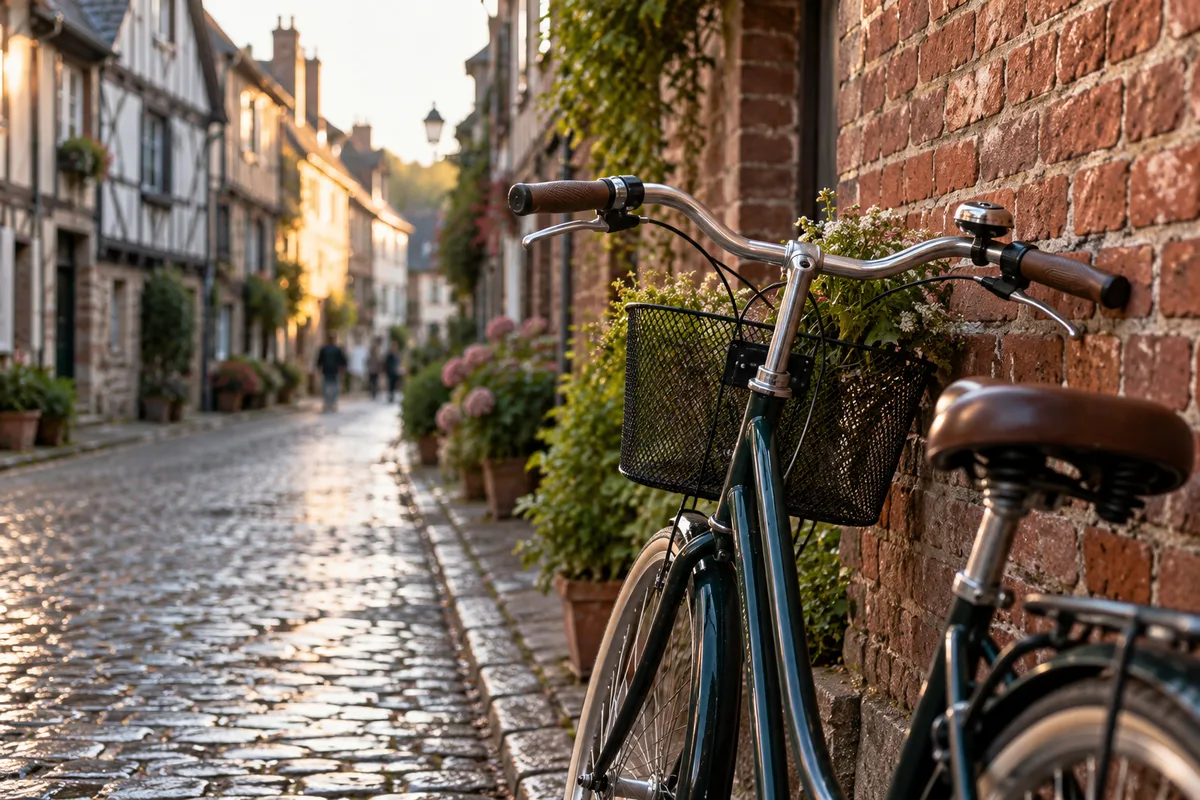 Vélo appuyé contre un mur de briques dans une rue normande à colombages