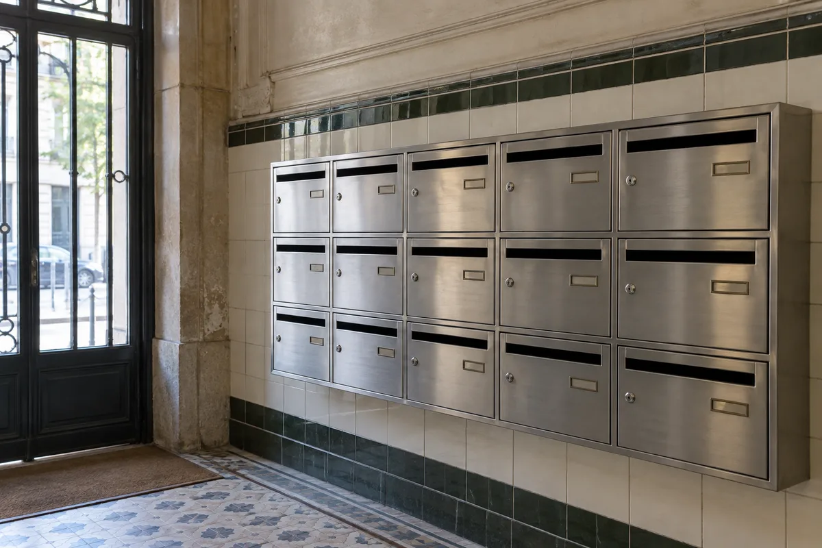 Rangée de boîtes aux lettres métalliques dans le hall d&rsquo;un immeuble