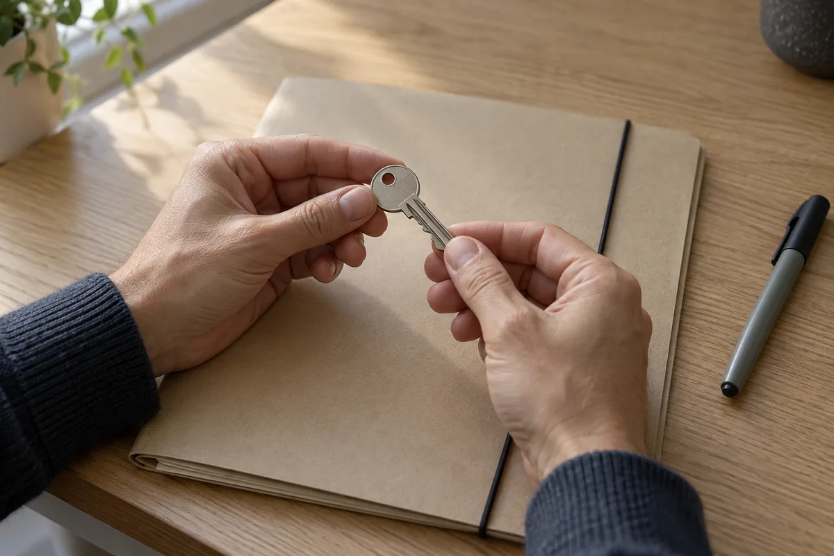 Mains tenant une clé au-dessus d&rsquo;une chemise cartonnée fermée