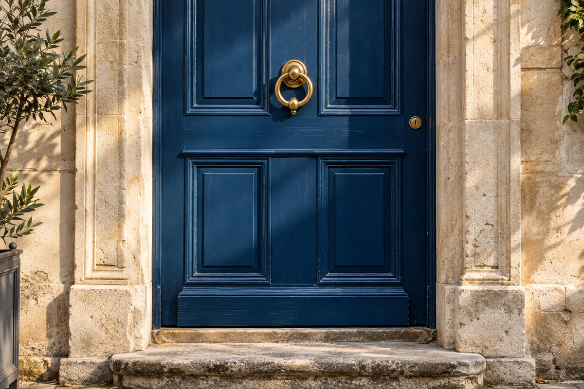 Porte d&rsquo;entrée bleue avec heurtoir en laiton sur une façade en pierre