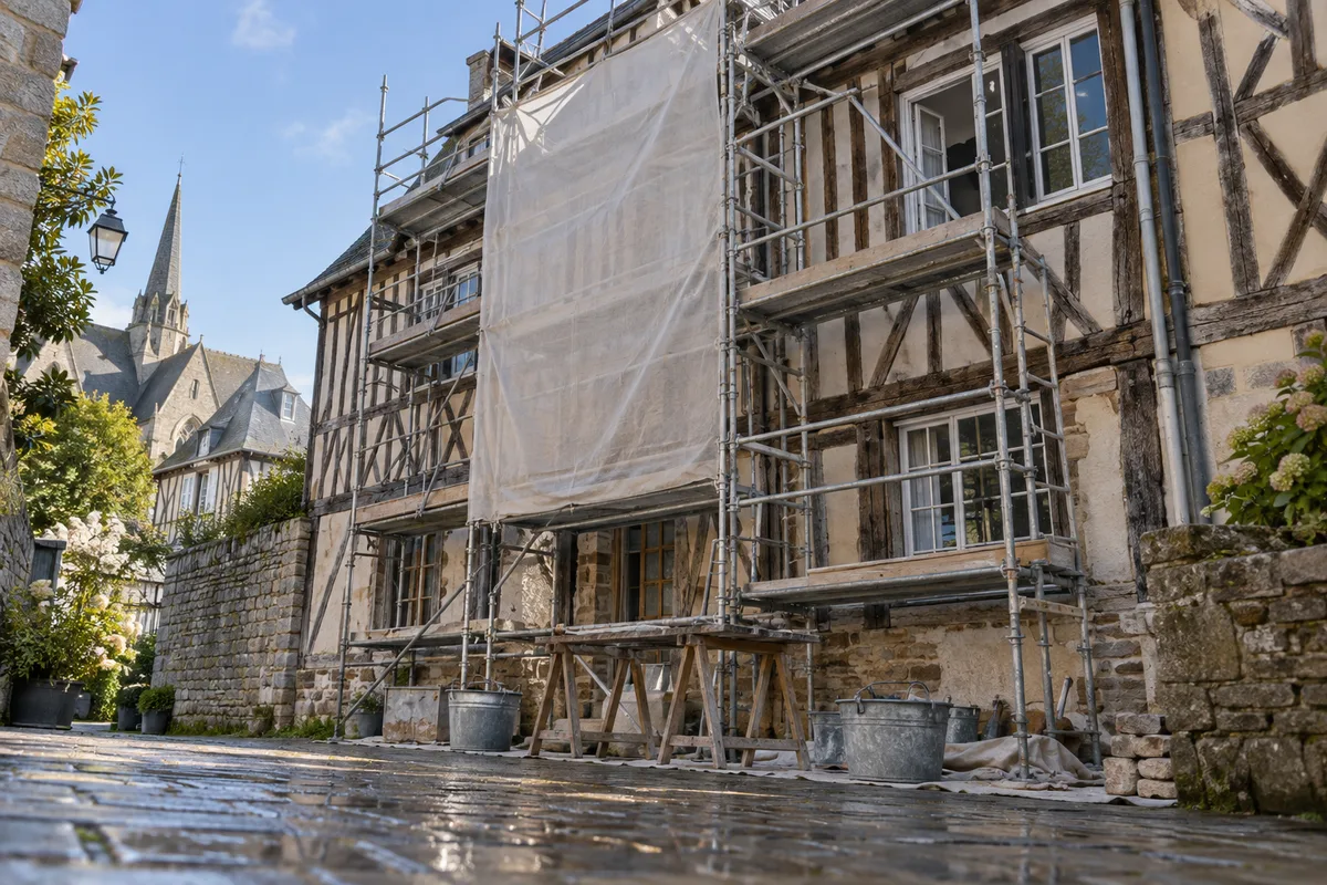 Échafaudage monté devant une façade à colombages en cours de rénovation