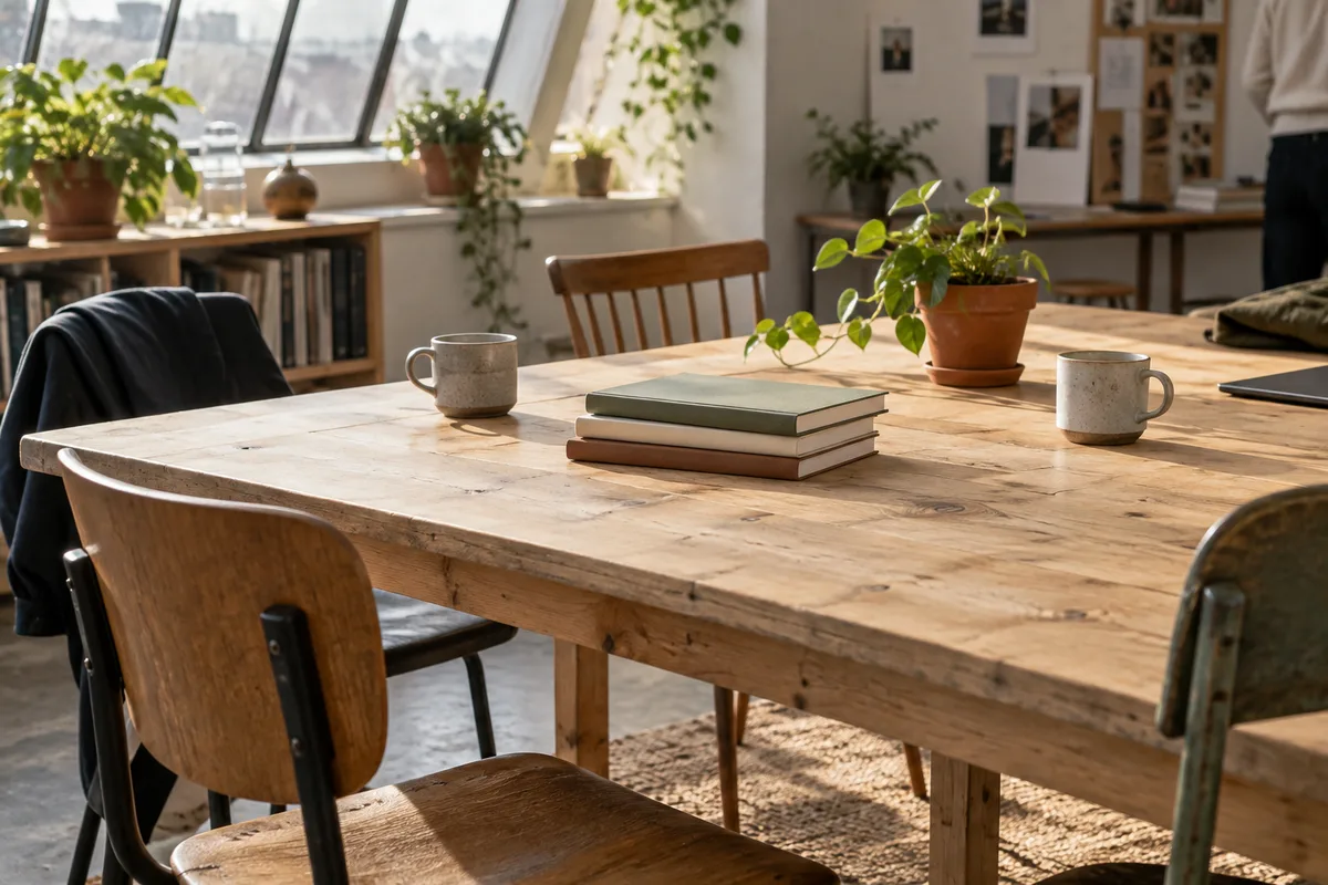 Table d&rsquo;atelier en bois clair avec trois chaises dépareillées, carnets fermés et tasses en grès