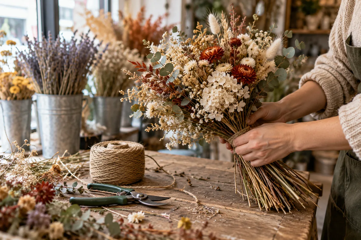 Mains d’une fleuriste composant un bouquet de fleurs séchées sur le comptoir d’une petite boutique