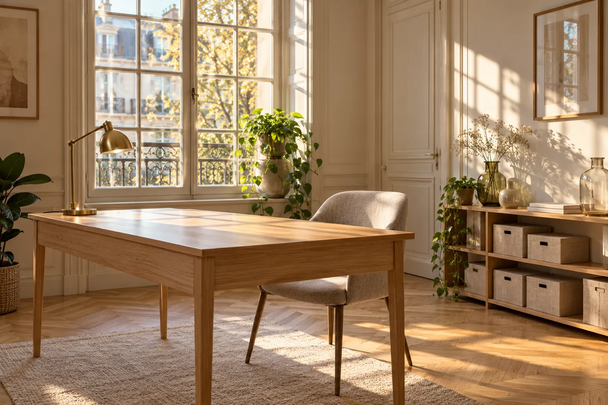 Petit cabinet d’indépendant vide, bureau en bois clair et fauteuil près d’une fenêtre