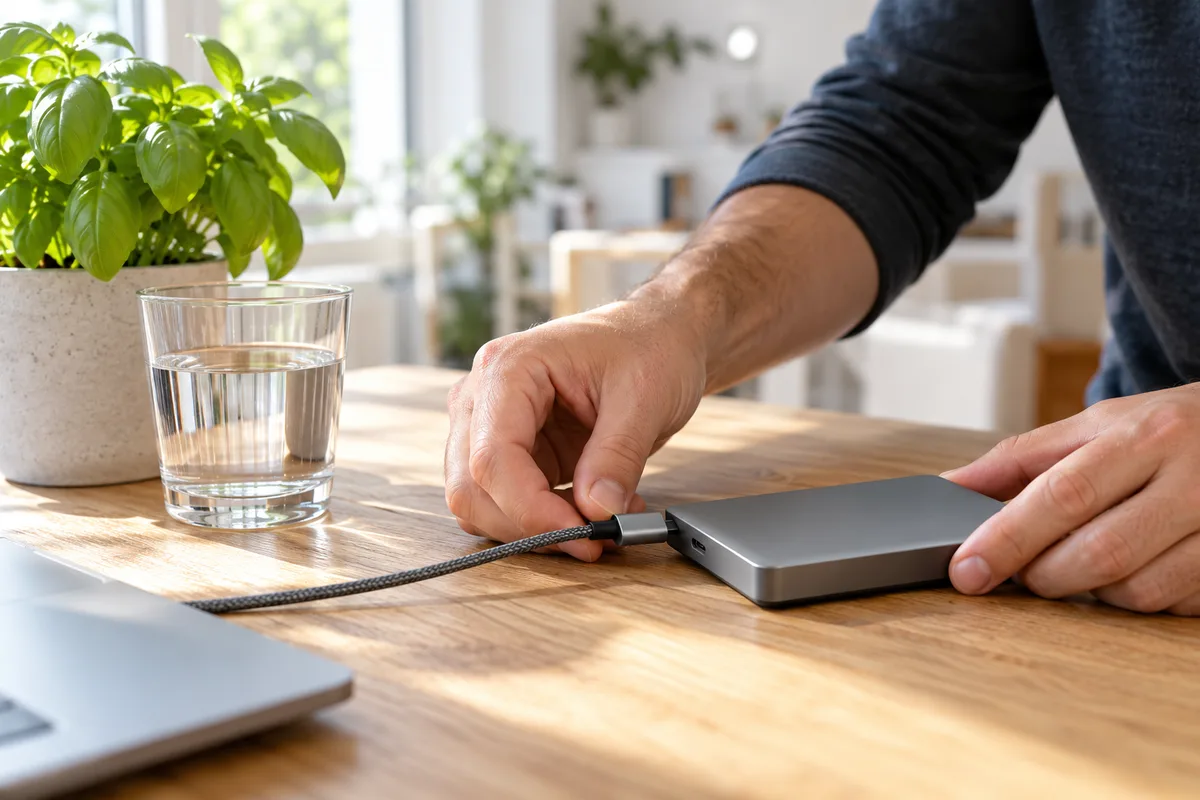 Mains reliant un disque dur externe gris à son câble sur une table en bois près d’une plante