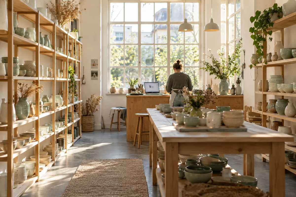 Boutique-atelier de céramique avec un ordinateur portable ouvert sur le comptoir