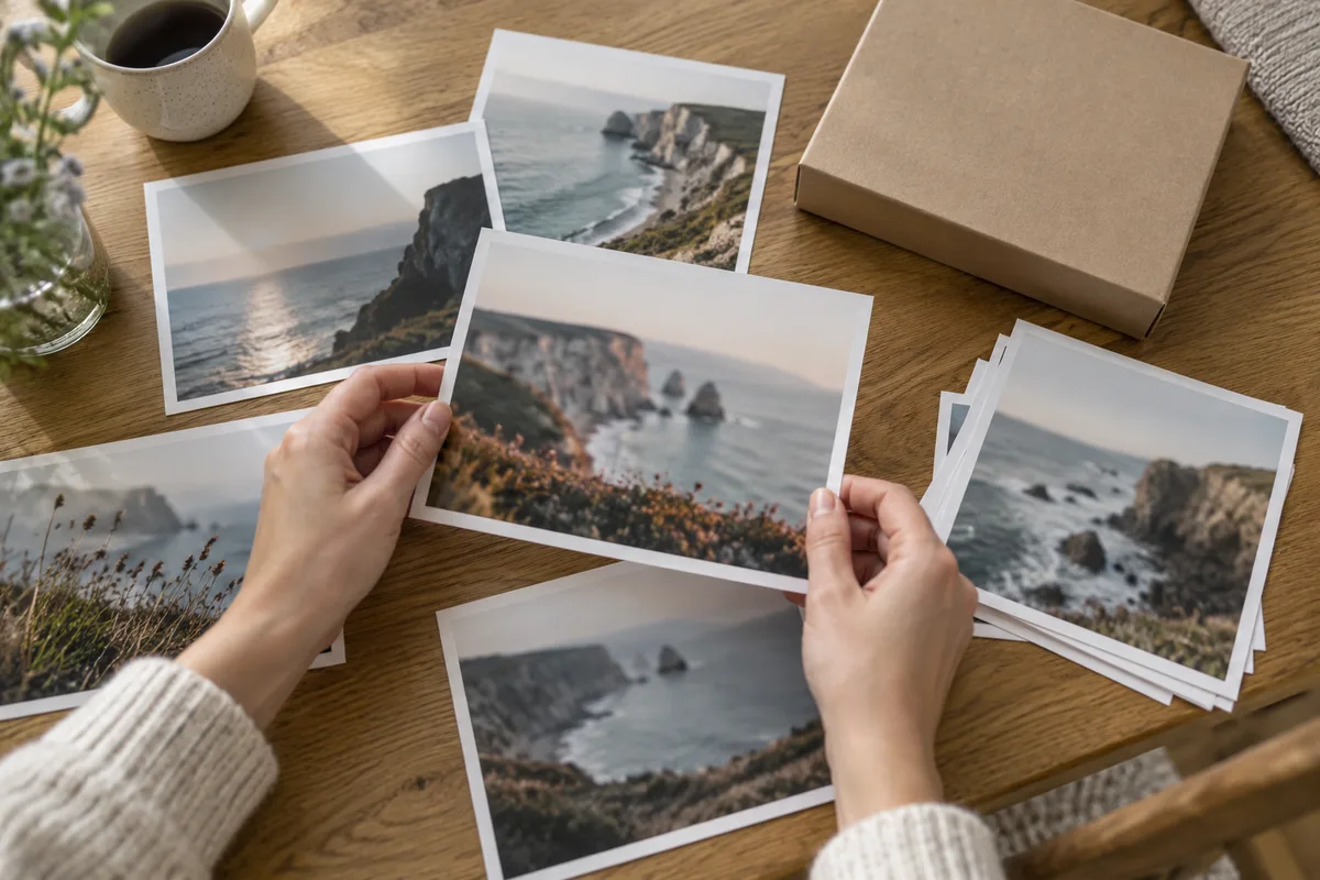 Mains disposant des tirages photographiques sur une table en chêne
