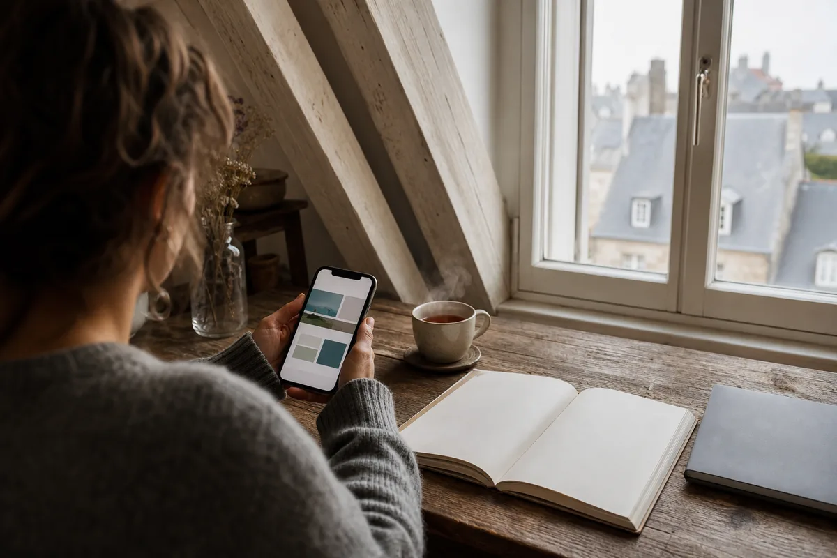 Visiteur consultant un site vitrine sur téléphone mobile